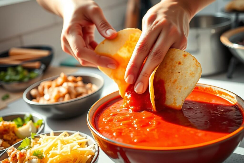 Dipping tortillas in sauce